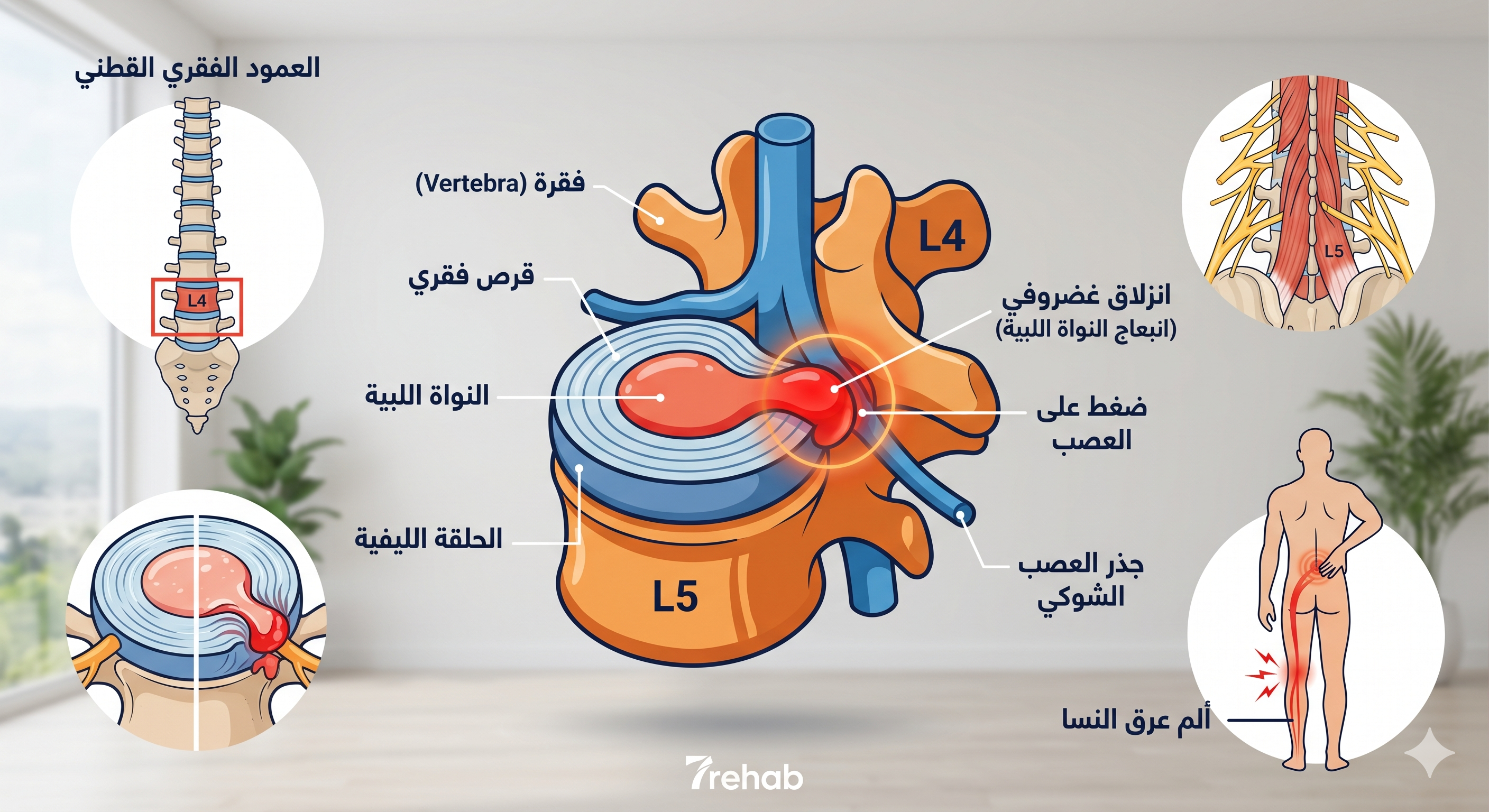 الانزلاق الغضروفي — دليل الأسباب والأعراض والعلاج الطبيعي في مركز سبعة للتأهيل الطبي بالرياض