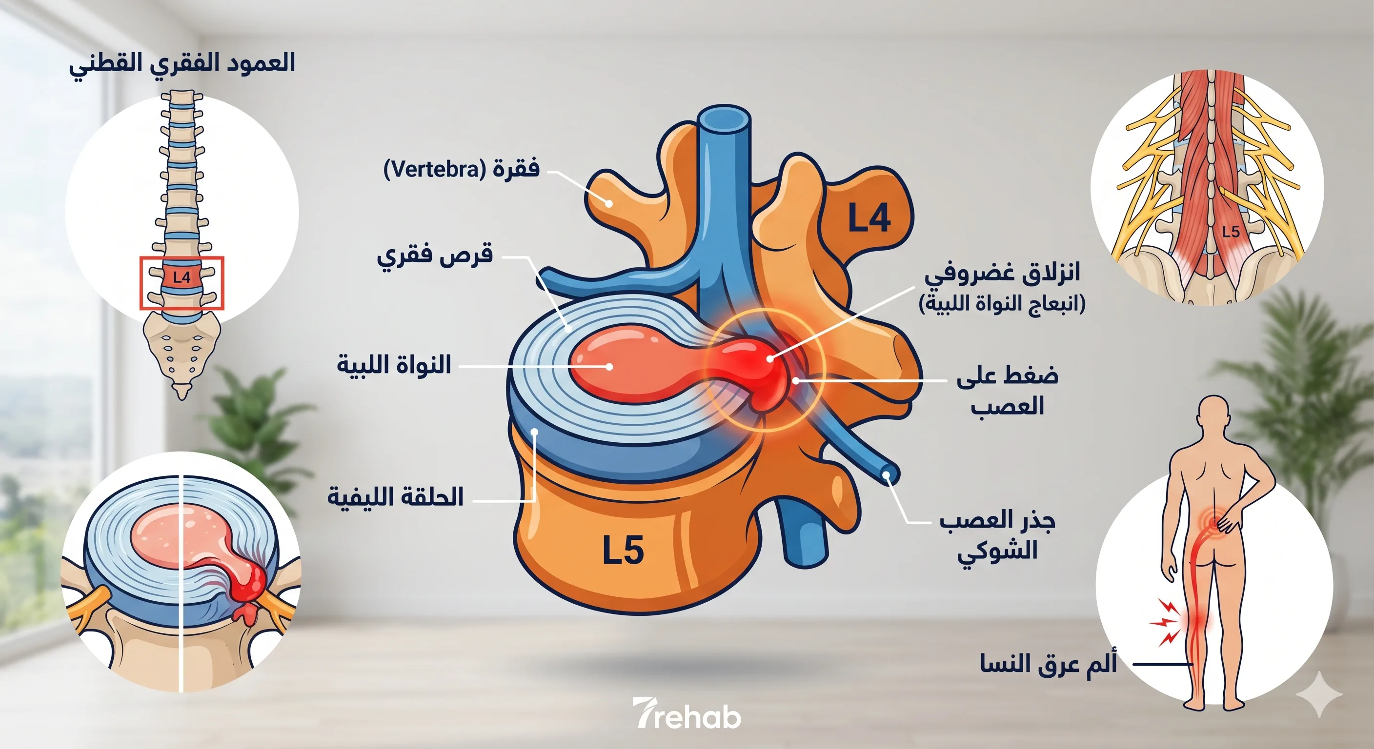 الانزلاق الغضروفي — دليل الأسباب والأعراض والعلاج الطبيعي في مركز سبعة للتأهيل الطبي بالرياض