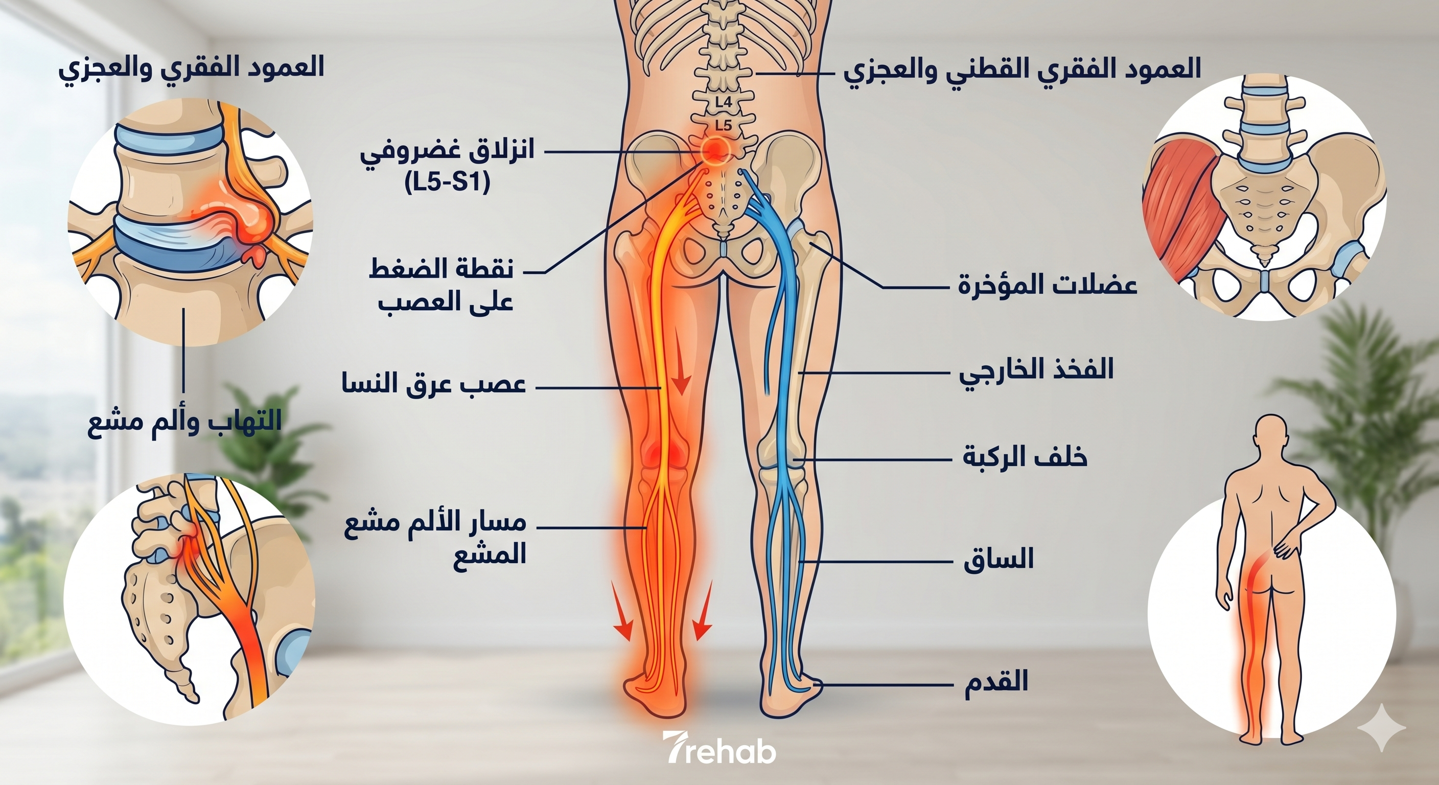 عرق النسا — دليل الأسباب والأعراض والعلاج الطبيعي في مركز سبعة بالرياض
