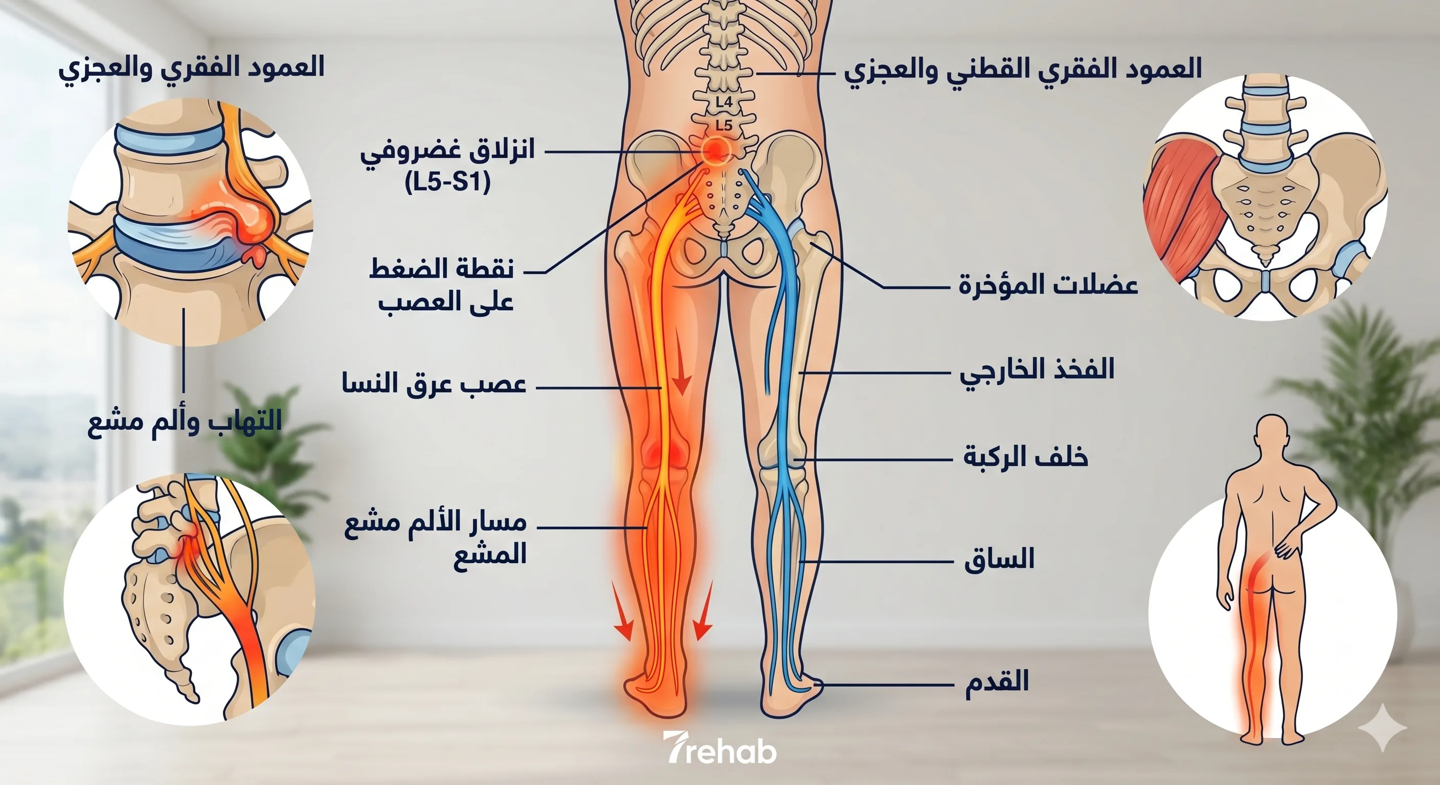 عرق النسا — دليل الأسباب والأعراض والعلاج الطبيعي في مركز سبعة بالرياض