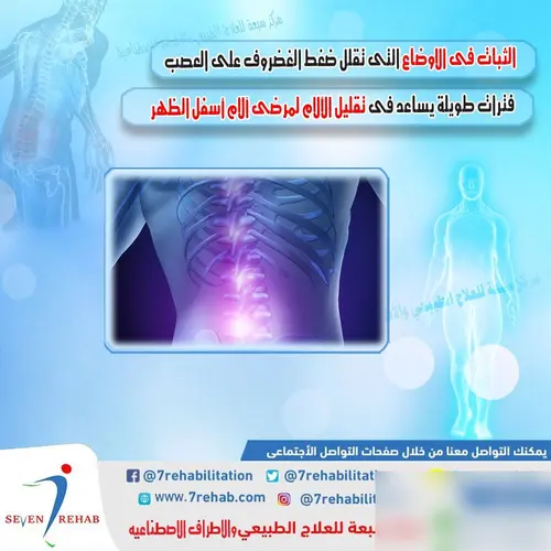 الثبات فى الاوضاع التى تقلل ضغط الغضروف على العصب فترات طويلة يساعد فى تقليل الآلام لمرضى آلام أسفل الظهر