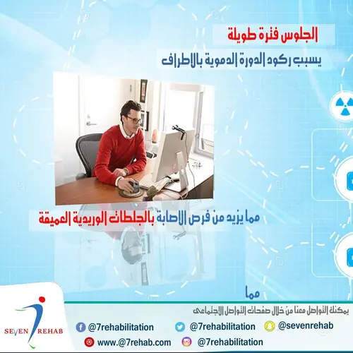 الجلوس فترة طويلة يسبب ركود الدورة الدموية بالاطراف مما يزيد من فرص الاصابة بالجلطات الوريدية العميقة